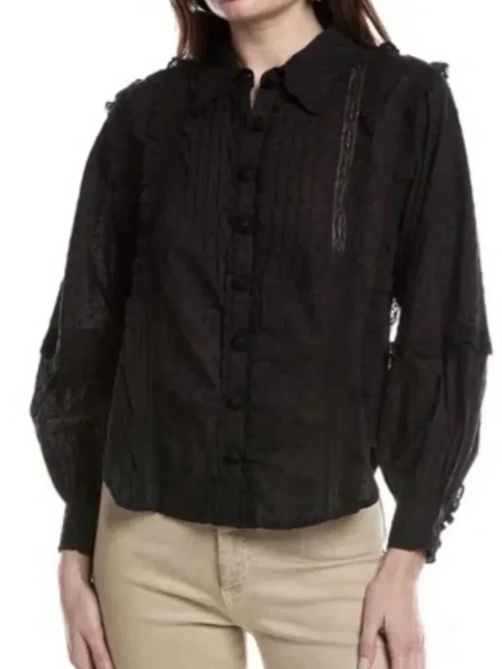 Farm Rio Black Swiss Dot Embroidery Button Down Cotton Blouse (missing button)